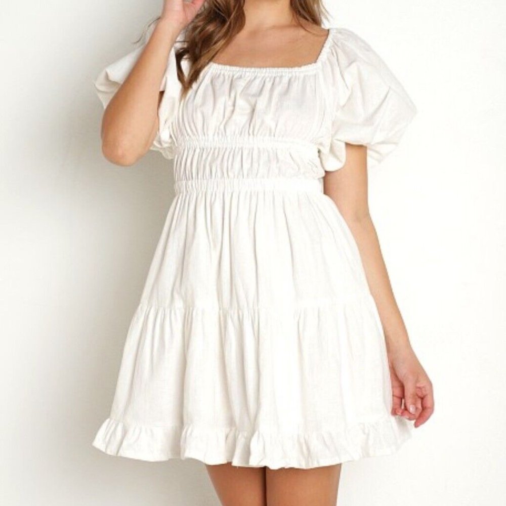 Cleobella Olive Mini Dress Ivory Puff Sleeves Open Back Ruffle Hem Cotton Large